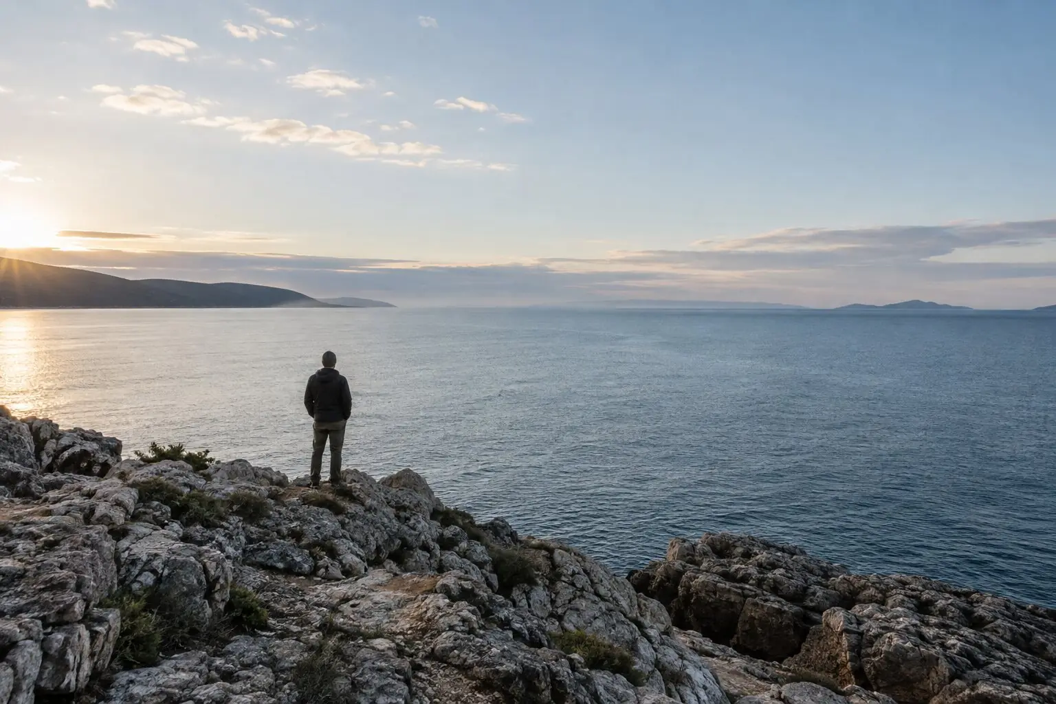 Una figura osserva l’orizzonte dalla costa